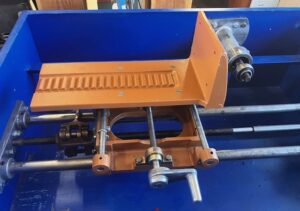 View of the vise and carriage of an 18" Frantom Slab Saw showing early vintage super Duty brass split nut